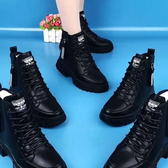 1 Pair Winter Women Boots Thick Flat Sole Faux Leather Side Zipper Solid Color Lace Up Soft Thermal Heat Retention Slip-on Anti-skid Shoes