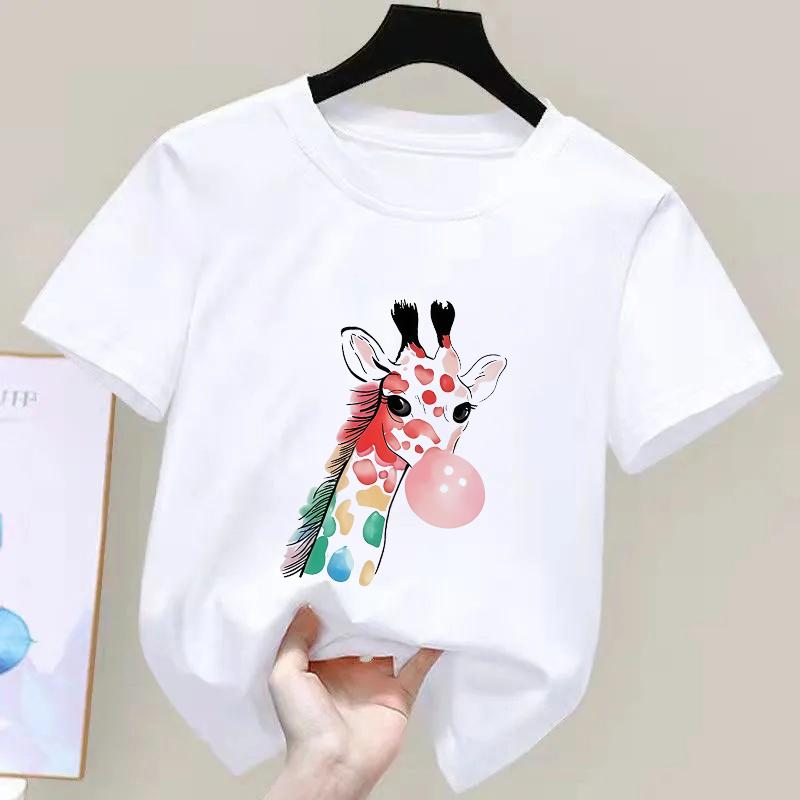 Y2k Giraffe with Gum Printed Short Sleeve T Shirts Animal Kids Childrens Tshirt Boys Girls Summer Spring Casual Top Tee Shirt