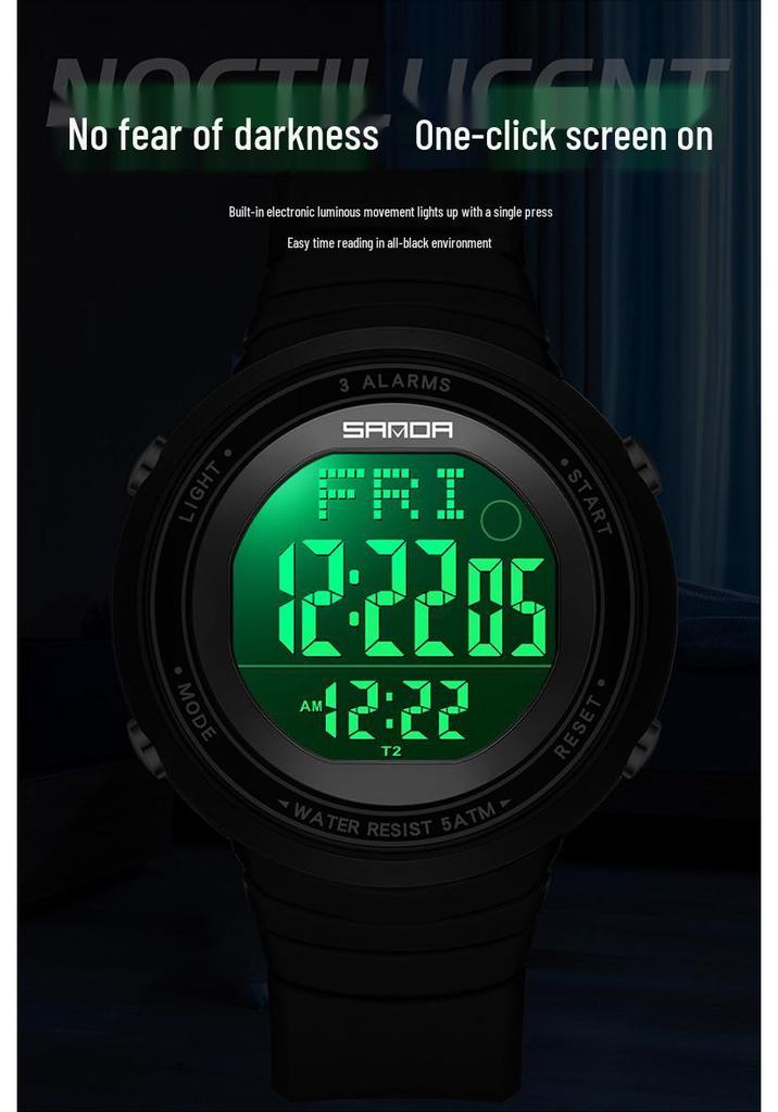 Sanda Large Dial Luminous Waterproof Sports Watch with Multi-function Alarm for Students