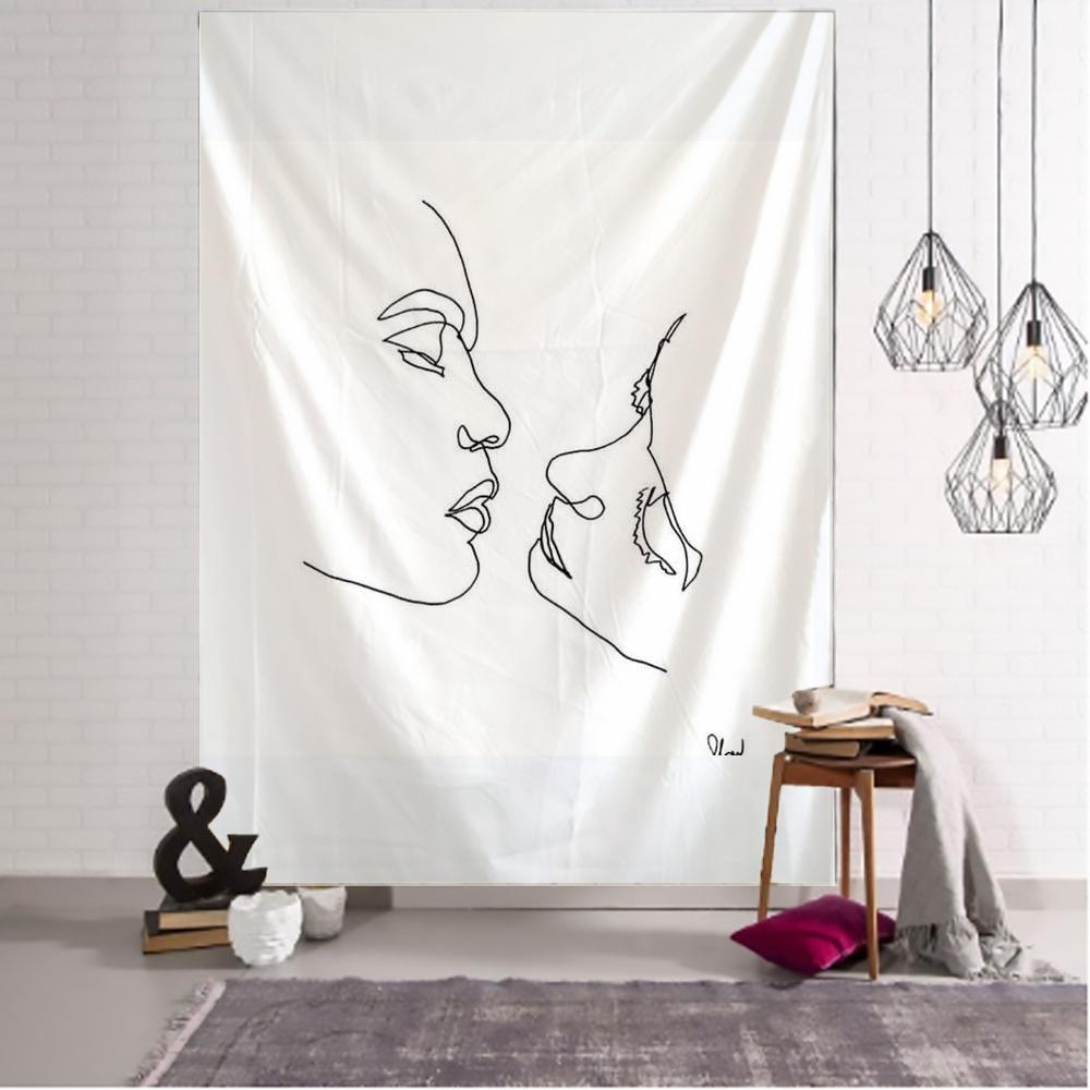 Tapiserie cu desen de linie Kiss Agățat pe perete Decor Boho Tapiserie psihedelic Kiss pentru agățat de perete abstract