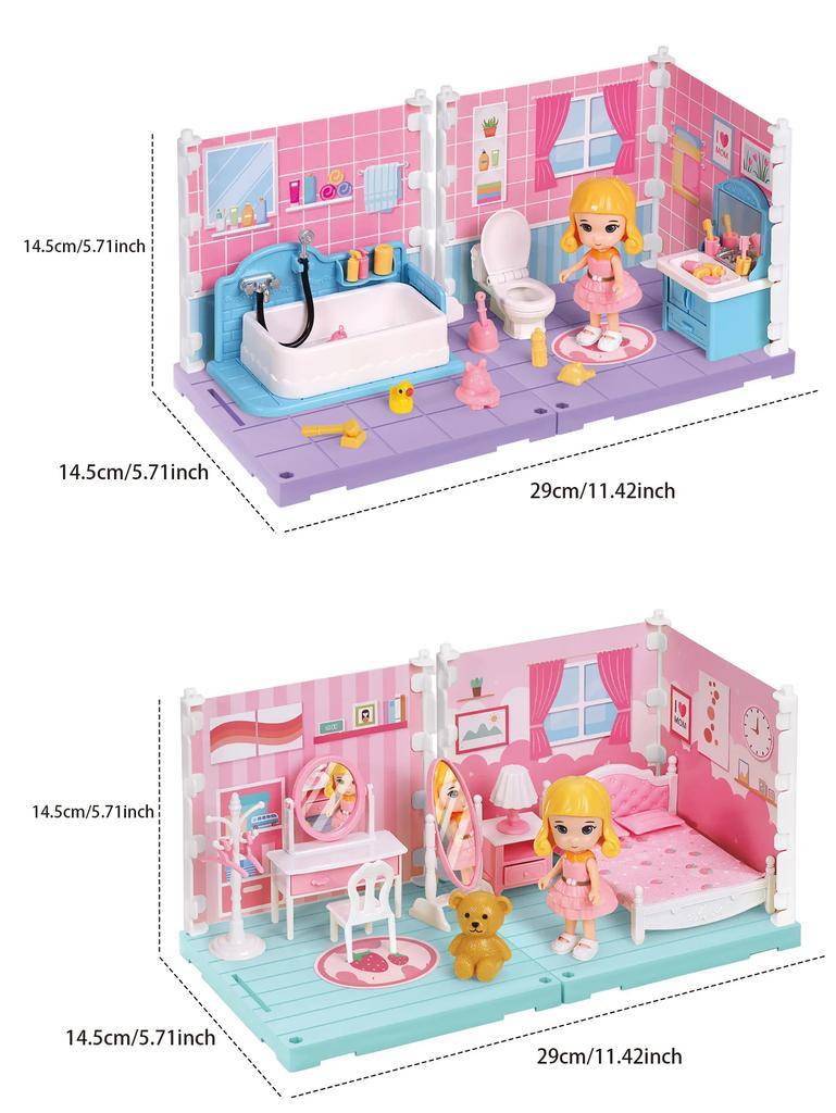 Miniatures House Kit Girls Toys Doll House Mini Room Simulated Bedroom Bathroom Kitchen Study Furniture Play House Toys for Kids