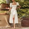 Sommer Damen Französisches Frisches Florales Midi-Kleid, Quadratischer Ausschnitt Kurzarm Lässiges Kleid für Europäische Amerikanische Damen