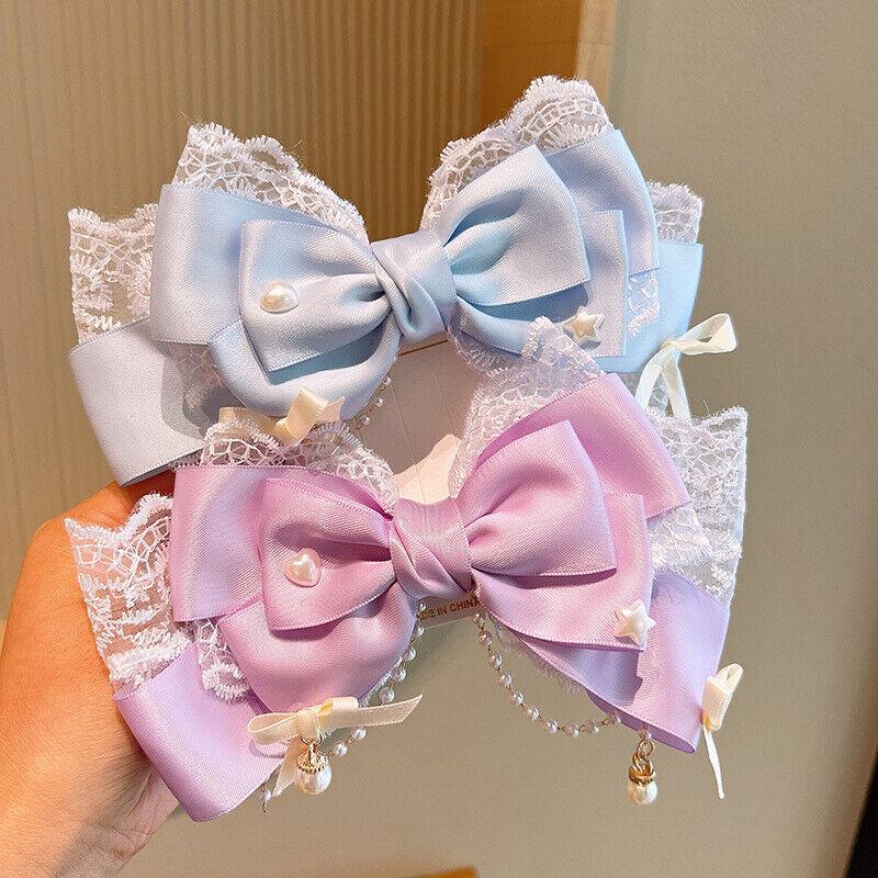Lolita Bow Lace Hair Clip - Handmade Pearl Accented Cosplay Headwear | Women's Lolita Style Hair Accessories pink