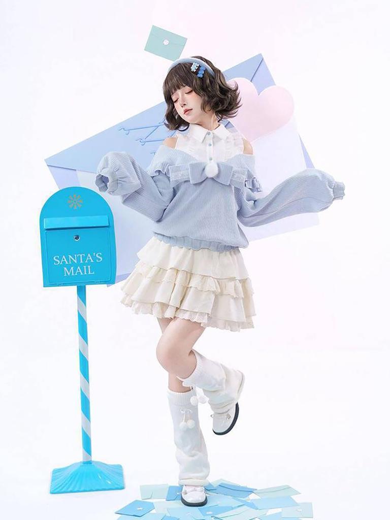 Jundakara Sweater and Mini Perfect for a Mori or Schoolgirl Dreamy Long and Size S Women's 2-Piece Set, Skirt, Open-Shoulder Tiered, Mass-Produced