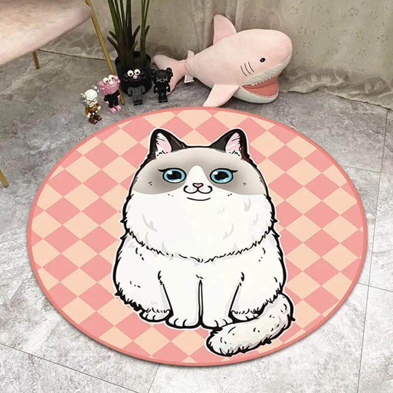 Cartoon Niedliche Kätzchen und Welpen Runder Teppich Schlafzimmerteppich Fußmatte Wohnzimmer Rutschfest Küche Türvorleger Dekorativ