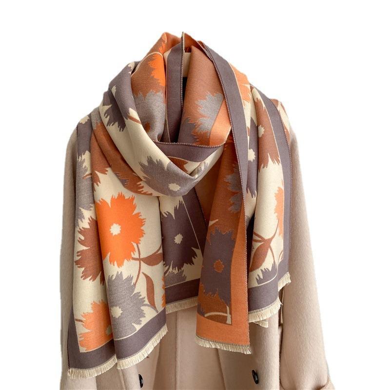 New literary and artistic thickened imitation cashmere winter scarf men's and women's double-sided sunflower shawl personalized scarf shmre