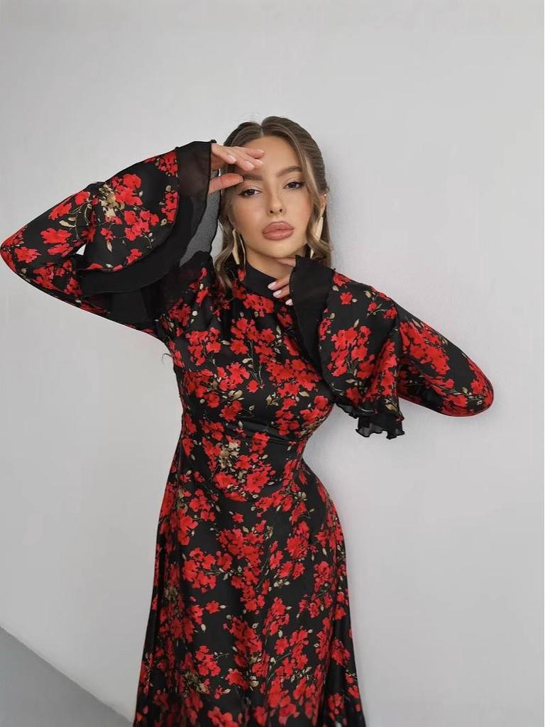 Spring Floral Print French Slimming Tie-Up Dress