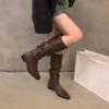 Coarse Heeled Wrinkled Pile Long Knight Boots Women's Shoes New Spring and Autumn Western Slim Mid Length Boots
