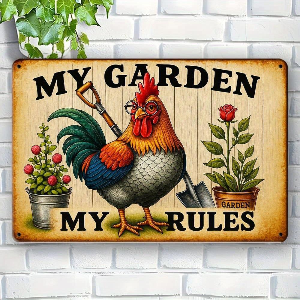 My Garden My Rules Metal Sign - 20.32x30.48cm Humorous Chicken-Themed Decor for Gardeners чистый