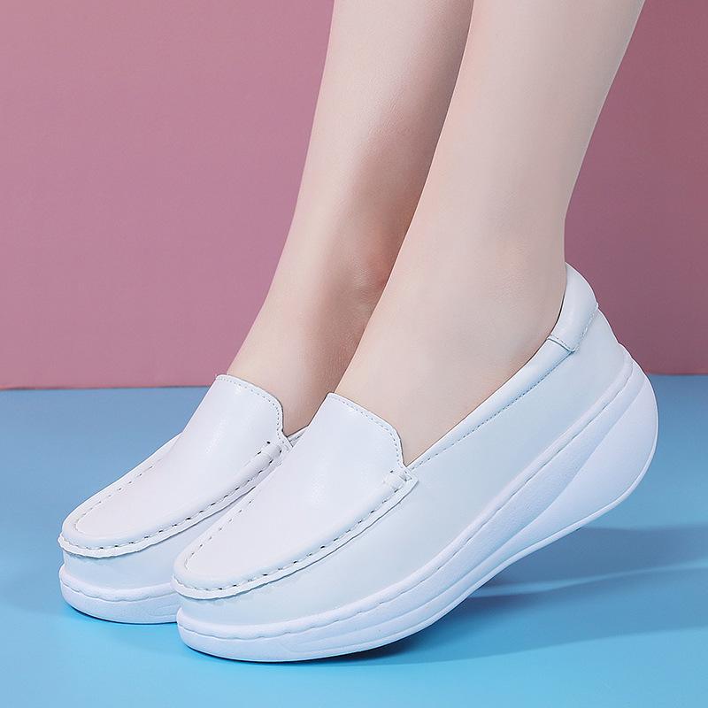 Cowhide nurse shoes women's breathable soft sole is not tired, foot slope heel white thick sole heightening rocking shoes muffin medical shoes