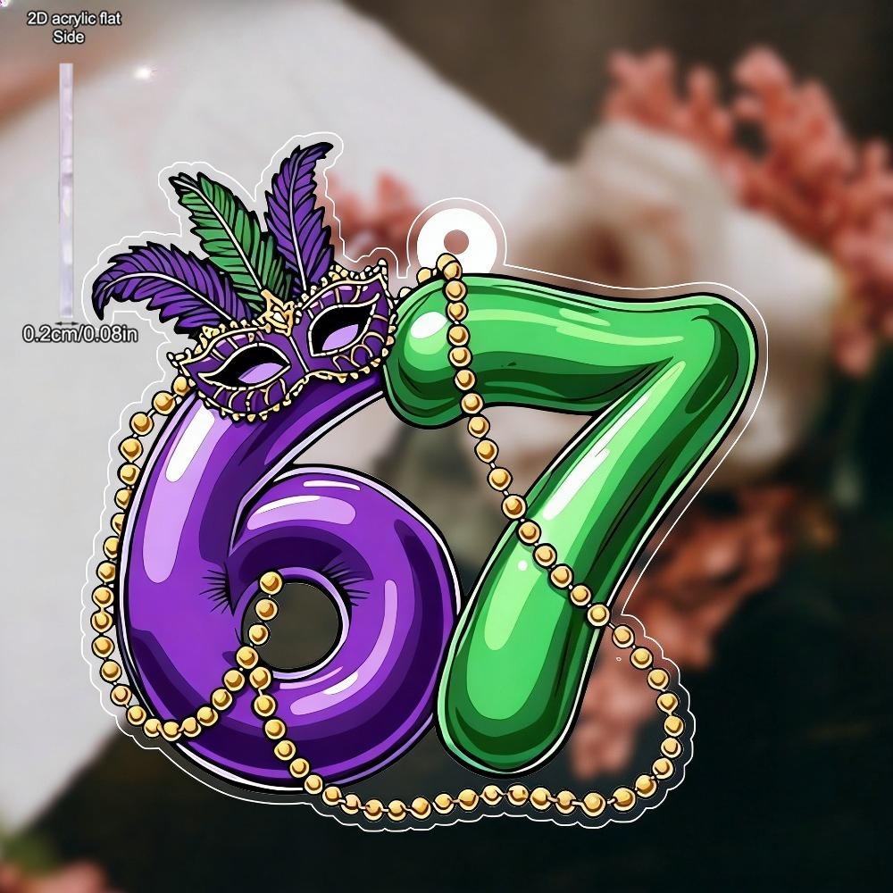 Glittering Purple, Green Masks Pattern - Transparent Pendants, Drops & Finials with Number 67 Shaped, No Electricity Needed, Nurseries, Vintage Home D