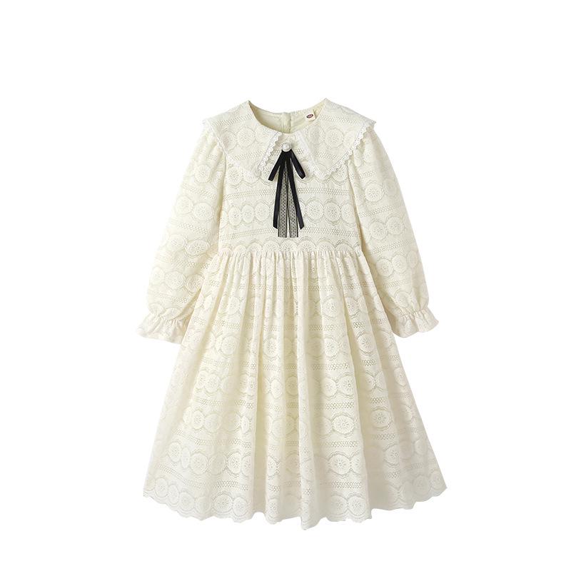 Girls' Lace Princess Dress with Long Sleeves and Mesh Skirt for Spring