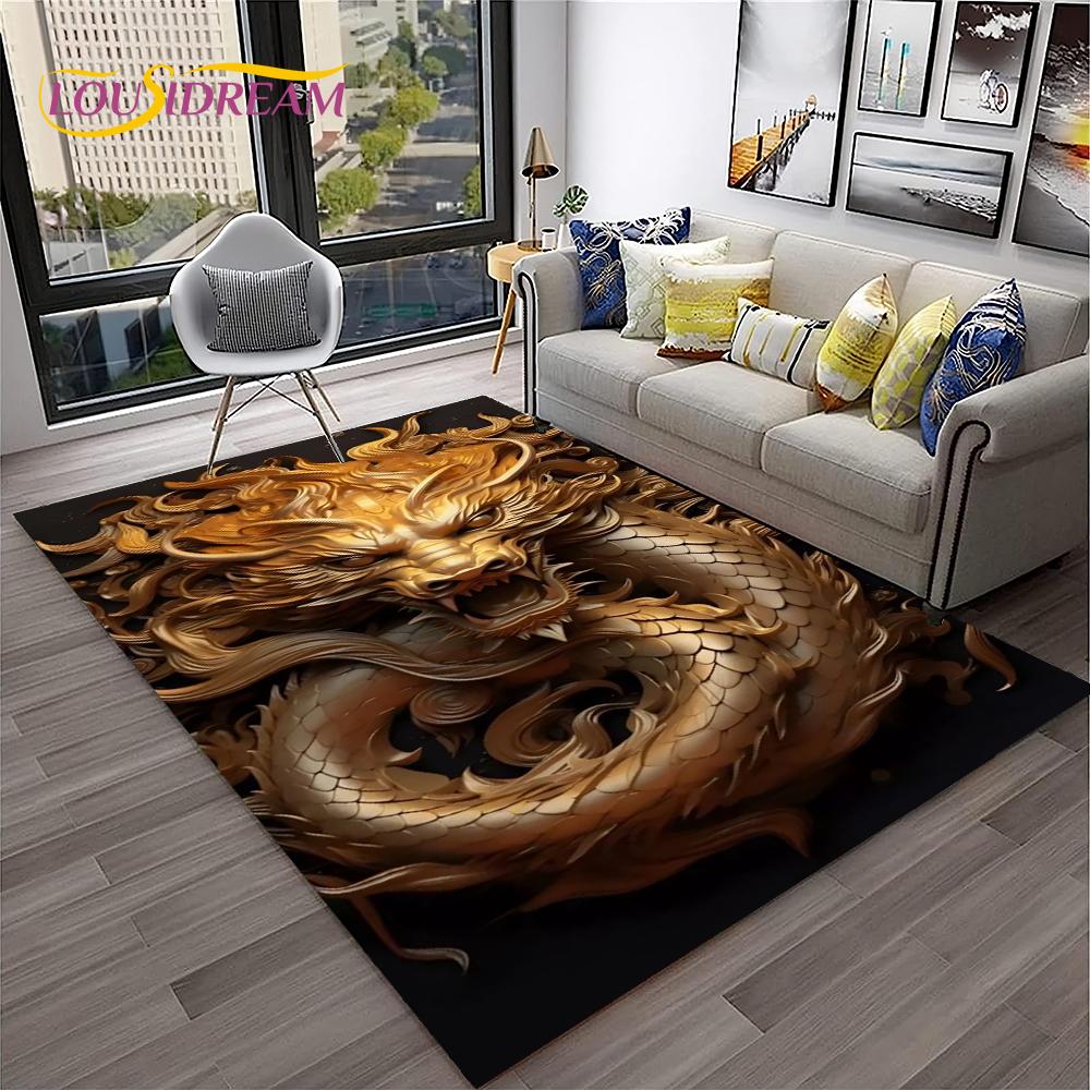 3D China Dragon Myth Art Cartoon Carpet Rug for Home Living Room Bedroom Sofa Doormat Decor,Kid Play Area Rug Non-slip Floor Mat