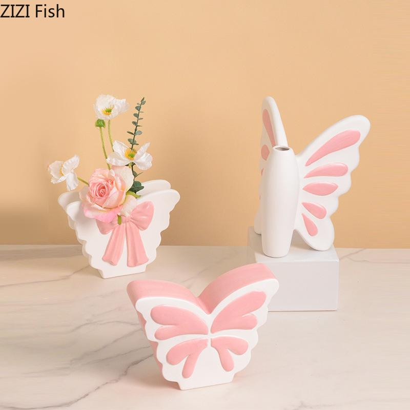 Cute Butterfly Ceramic Vase Bowknot Plant Pot Table Decoration Flowers Arrangement Artificial Flower Vases Room Aesthetic Decor