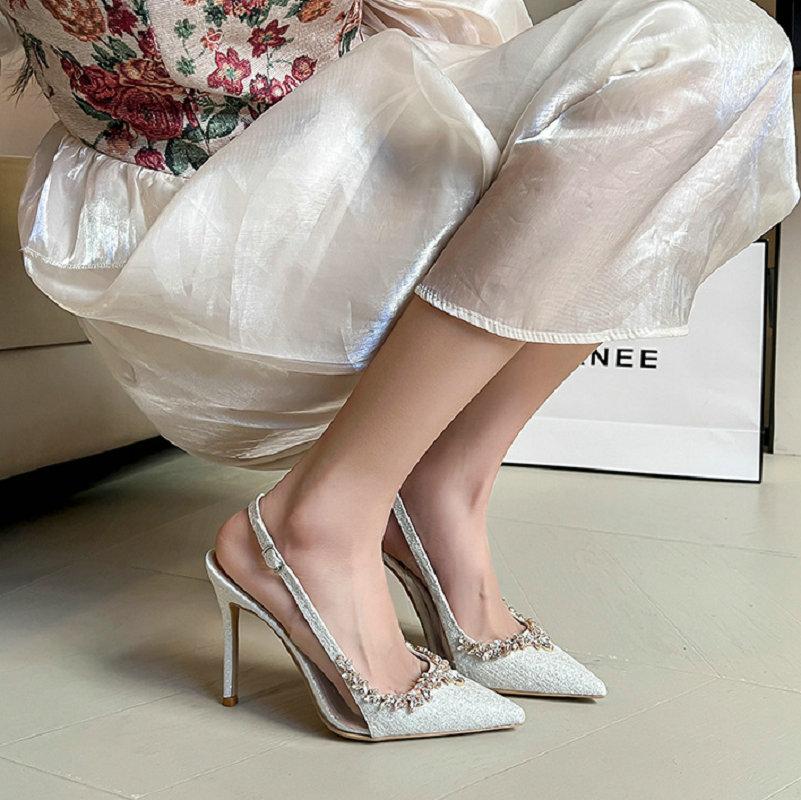 Fashion 2025 New Fine Heel Pointy Diamond Pumps Pearl Wedding Shoes Sparkles Baotou Glass Glue High-heeled Sandals