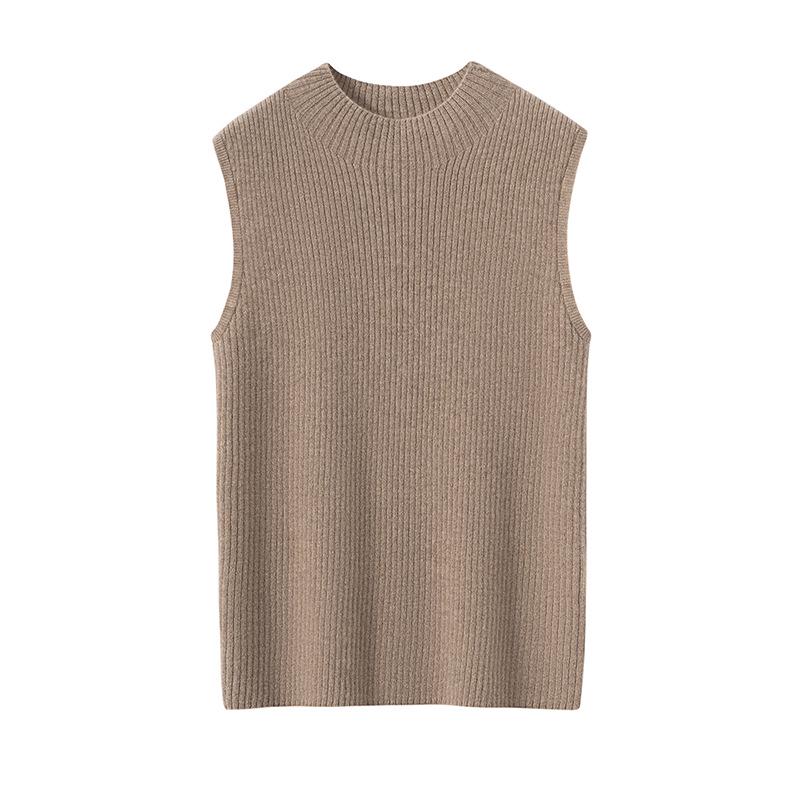 Women's Cashmere Ribbed Sleeveless Slim-Fit Pullover Sweater with Half-High Neck