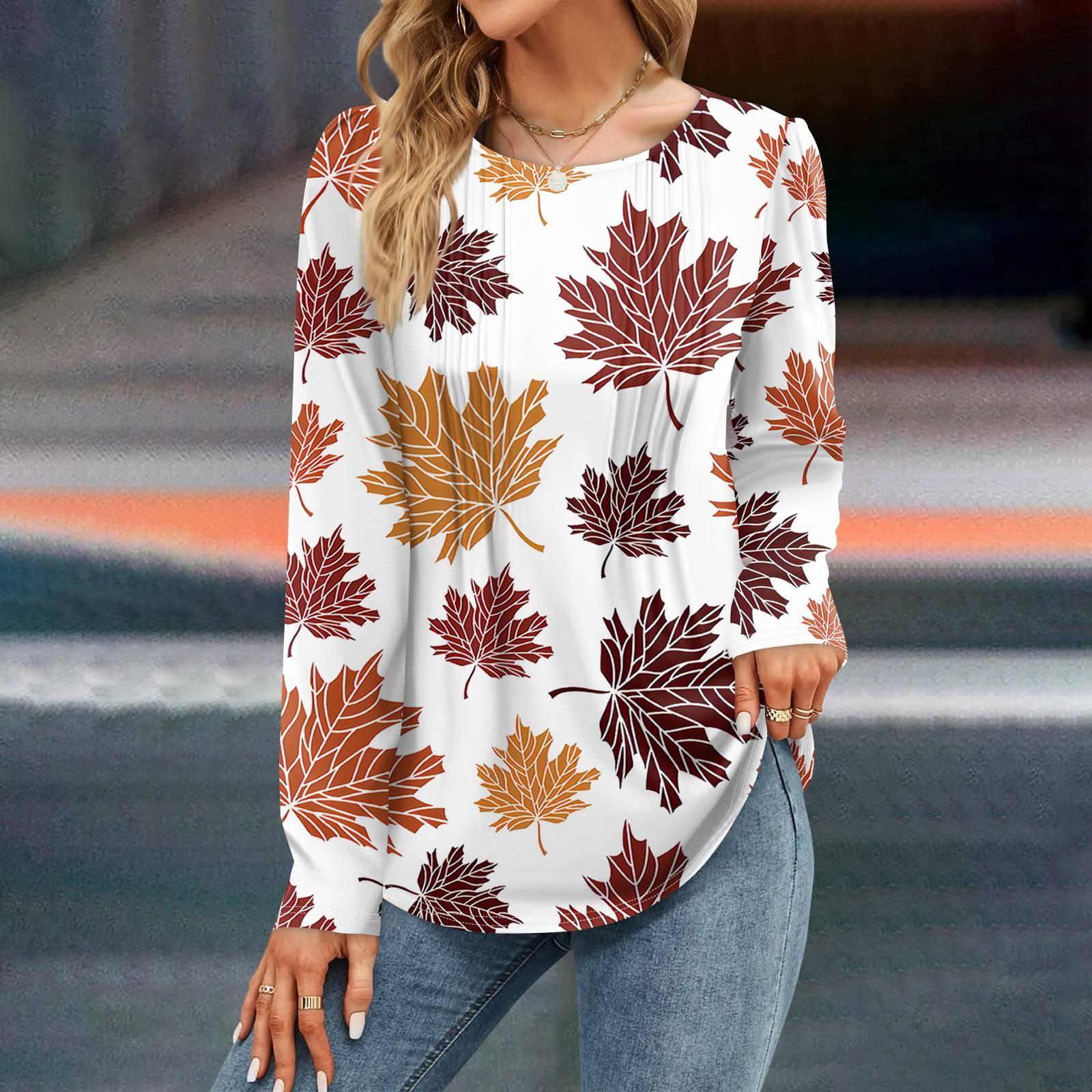 

Женская мода Цветочные, падающие листья платья осень повседневные топы с длинным рукавом рубашка свободный пуловер XXXL белый