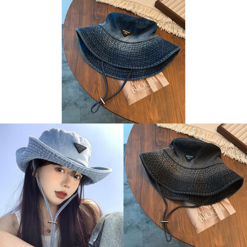 Denim Fisherman Hat With Logo Patch For Casual Outdoor Wear Men Women