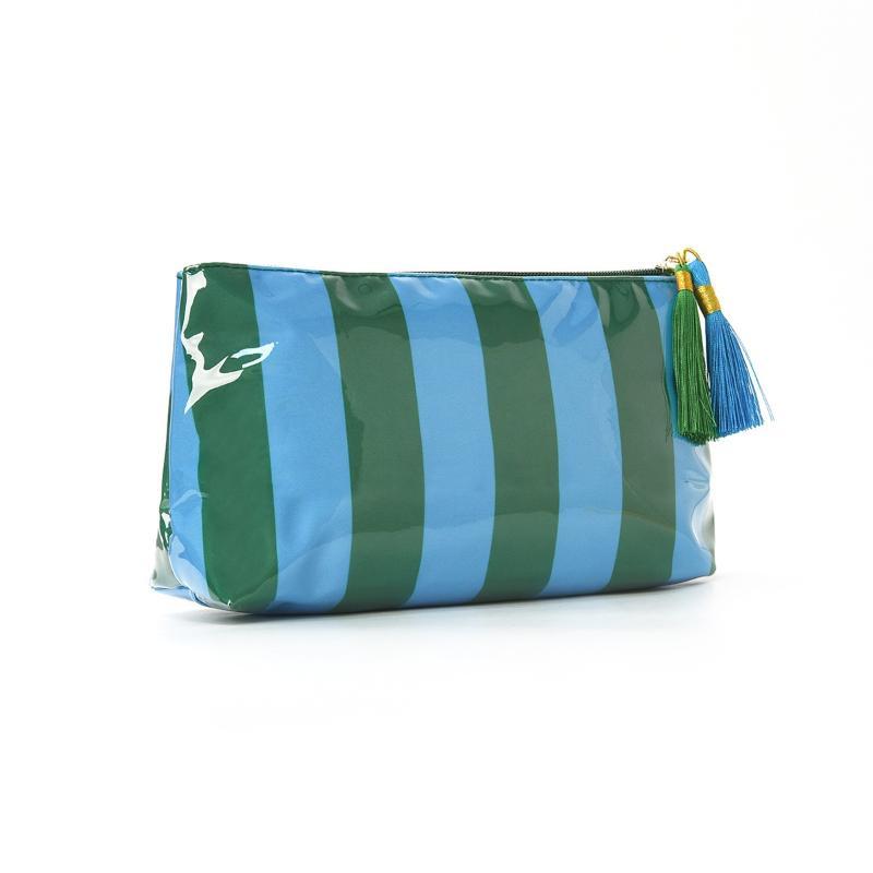 PVC Striped Cosmetic Bag Fringe Trim Waterproof Zipper Closure Portable Makeup Pouch Lightweight Toiletry Case for Travel