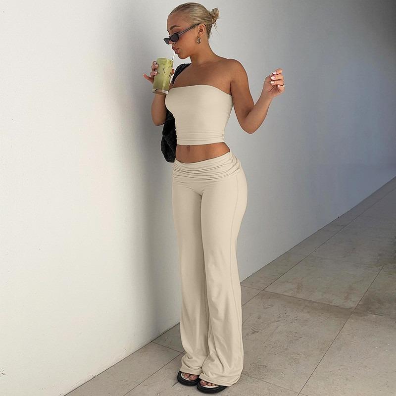 Women Casual Solid Strapless Sleeveless Top Flared Pants Two Piece Set