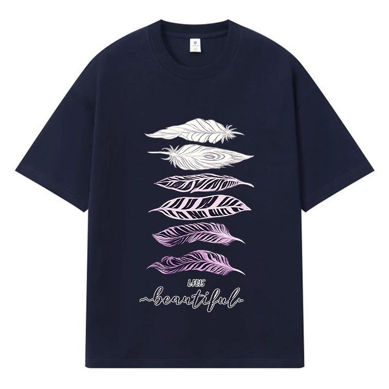 2026 Feather Printed Graphic Y2k Harajuku Streetwear 100% Cotton T Shirt Casual Oversized Summer Men T-shirt