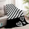 Black & White Stripe Flannel Throw Blanket – Charming Heart Design, Soft Cozy Fleece for Home, Office, Sofa & Car All-Season Use
