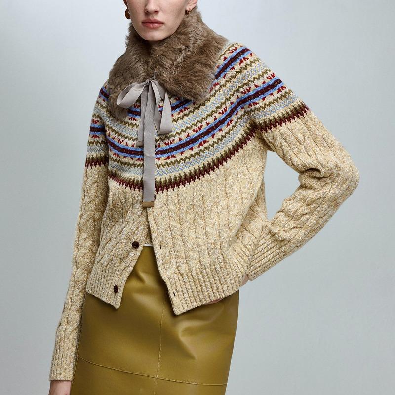 Vintage Wool-Cotton Cable Knit Cardigan – Mélange Fancy Yarn Winter Sweater, Round Neck, Long Sleeve