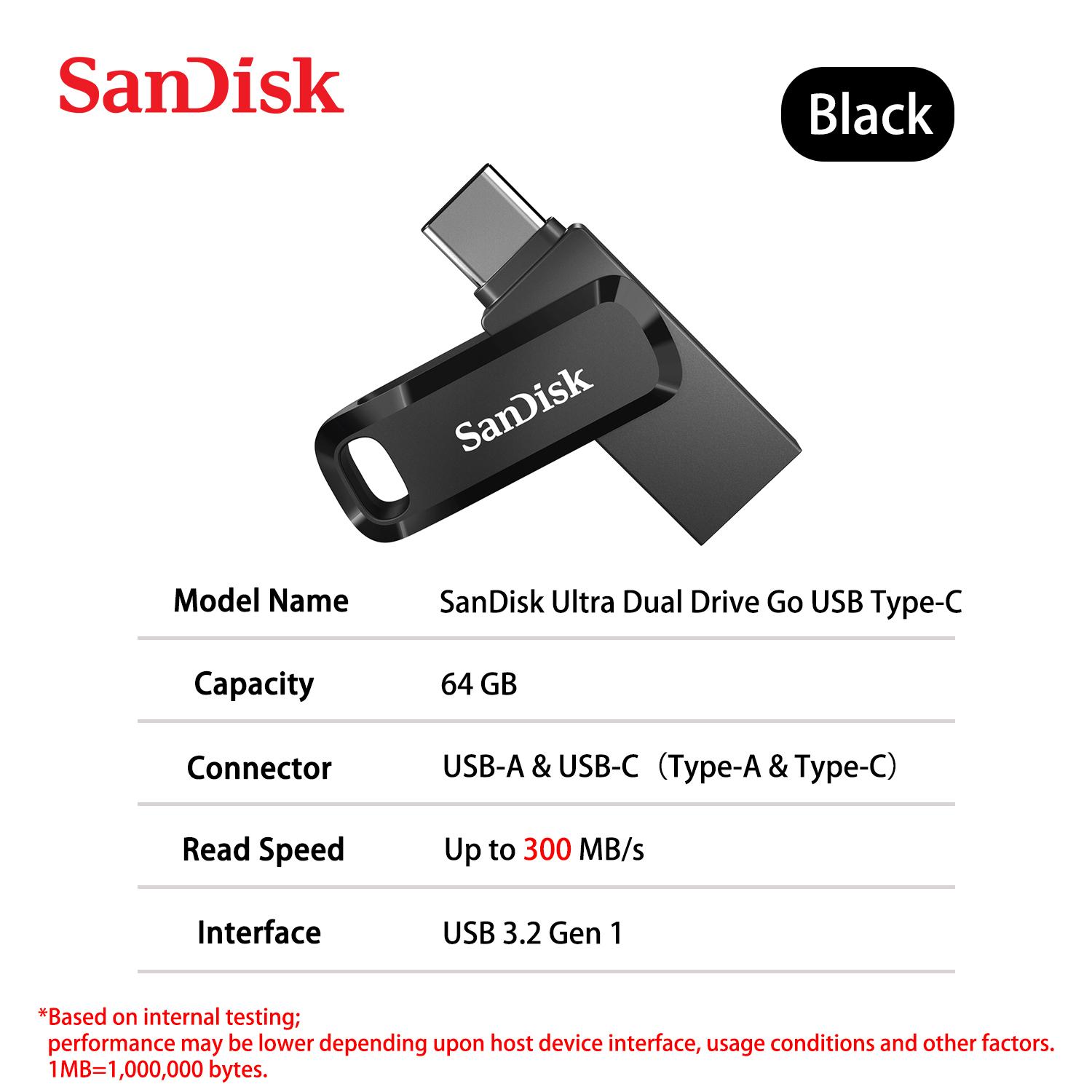 

SanDisk 128 ГБ OTG Ultra Dual Drive Go Drive USB 3.2 Type-C Flash — флеш-накопитель 2-в-1 USB-A/USB-C 64 ГБ 256 ГБ 512 ГБ 1 ТБ до 400 МБ/с для телефона ПК 【64GB】 чёрный