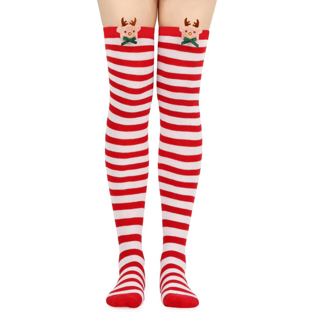Women Cartoon Plush Elk Bowknot Striped Over Knee Long Socks Thigh High Stockings for Christmas Cosplay Costume Hosiery