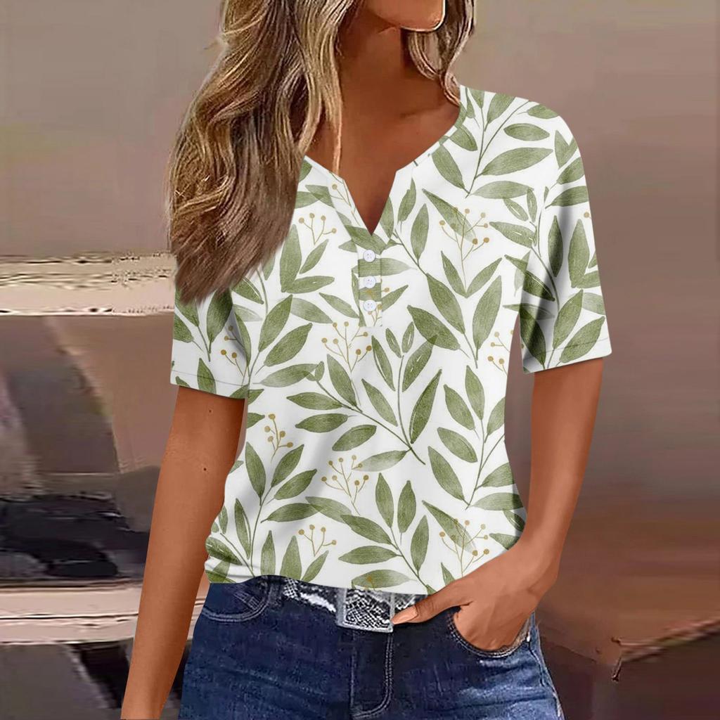 Dámské tričko Tričko Potisk knoflíku Krátký rukáv Denní víkend Móda Basic Top s výstřihem do V