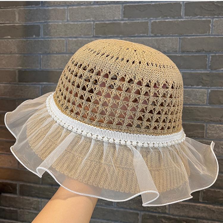Women's Summer Large Brim Sun Hat Elegant Beads Lace Ruffle Trim Beach Sunshade Caps Hollow Out Breathable UV Protection Hats