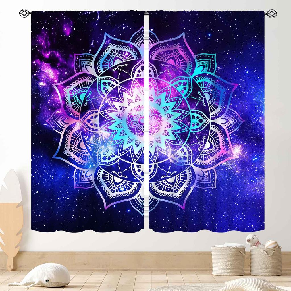 Gradient Mandala Flower Purple Blue Starry Galaxy Blackout Rod Pocket Curtain Boho Mystic Elegant Bedroom Rest Bay Window