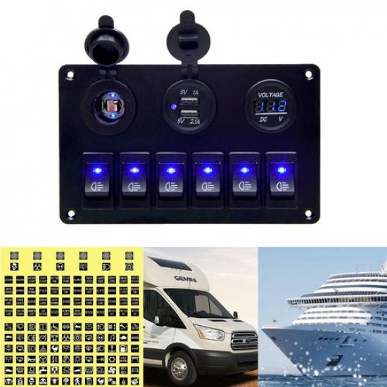 6 Gang Switch Blue Rocker Circuit Panel Breaker LED Waterproof Car Marine Boat V