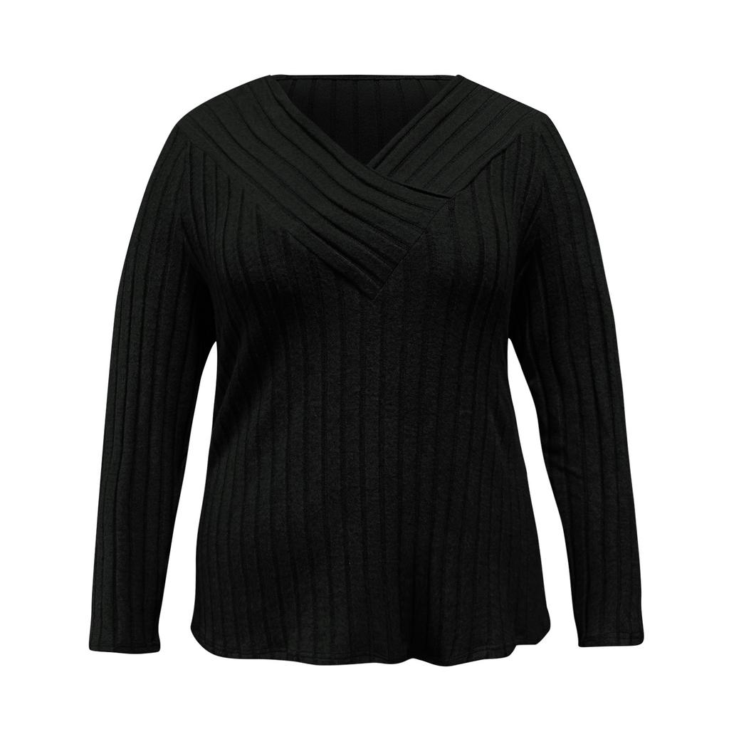Women's Solid Color Plus Size Cross V-Neck Long Sleeved Pullover T-shirt Top