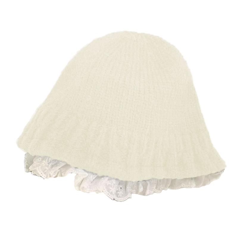 

Korean Styles Lace Trimmed Knitted Bucket Hat Winter Soft Warm Stretchy Brimless For Women Girl Autumn Fisherman Hat бежевий