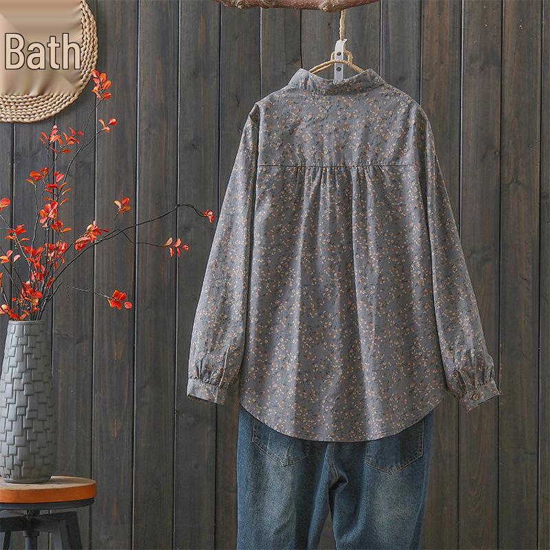 Women's Small Floral Cotton Linen Long Sleeve Shirt - Artistic Casual Spring/Autumn Outerwear