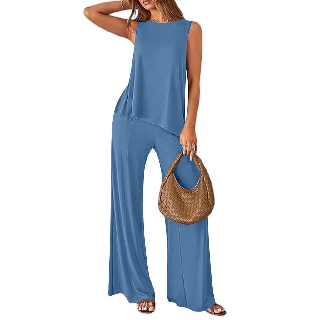 Women's 2-Piece Fashionable Casual Loose Fit Sleeveless Asymmetrical Split Hem Tank Top And Wide Leg Pants Activewear Set