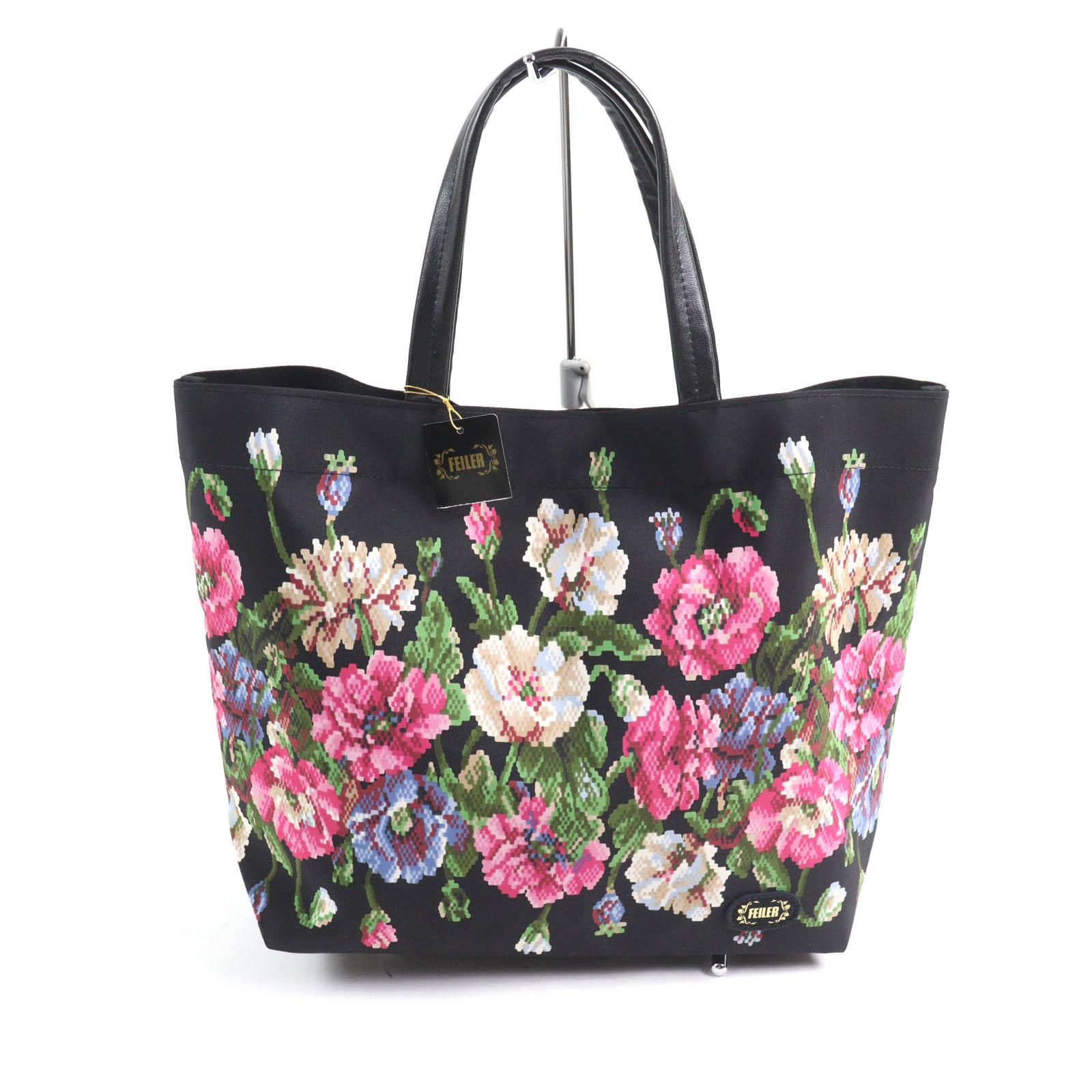 FEILER Tote Bag Logo patch, leather handles, floral print black multi Women Used