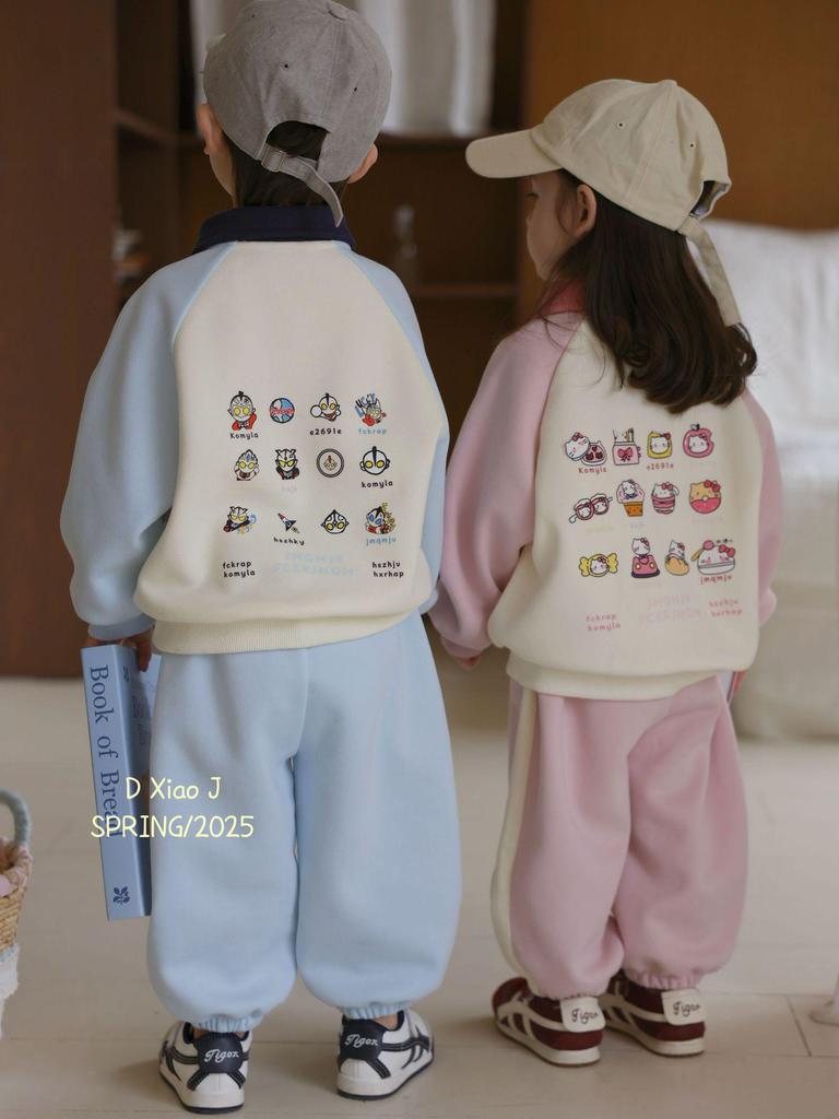 Spring & Autumn Children's Cartoon Polo Shirt with Lapel and Sports Casual Pants Set