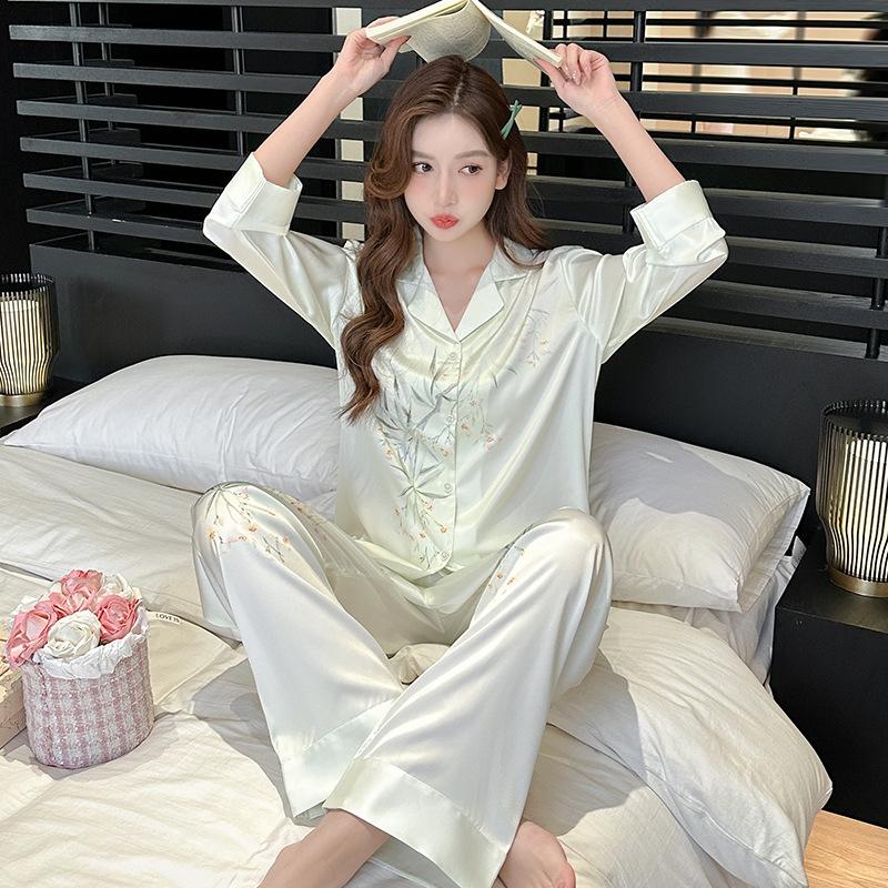 1011 [National Style] Ice Silk Pajamas Women's Long Sleeves and Pants Printing Simple and Soft Can be worn outside Silky Home