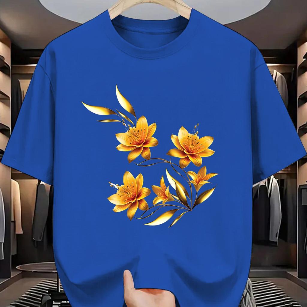Golden Floral Print Mens Cotton Graphic Tee Casual Short Sleeve TShirt Breathable Summer Fashion
