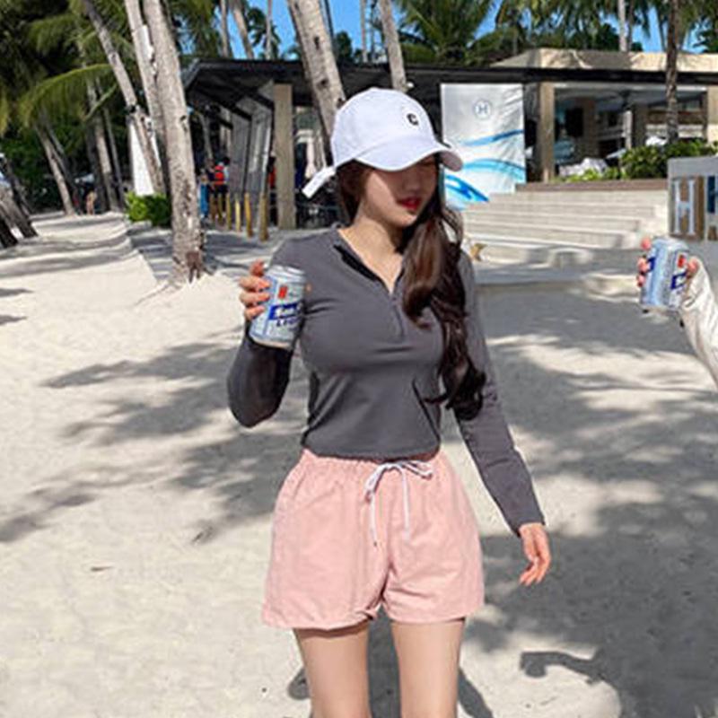 

Women s Korean Style Slimming 3-Piece Swimsuit Set: Long Sleeve, Shorts, Sunscreen. M