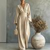2026 Women's Solid Color V-Neck Waist Jumpsuit Long Sleeve High Waist Skinny Wide Leg Pants Vacation Set