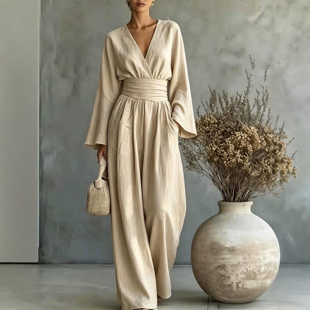 2026 Women's Solid Color V-Neck Waist Jumpsuit Long Sleeve High Waist Skinny Wide Leg Pants Vacation Set