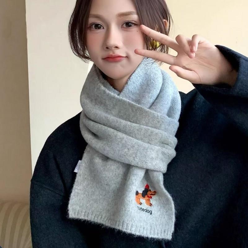 Knitted Wool Scarf Women Winter Warm Cozy Dog Embroidery Style Ins Trendy Neck Wrap Student Accessory
