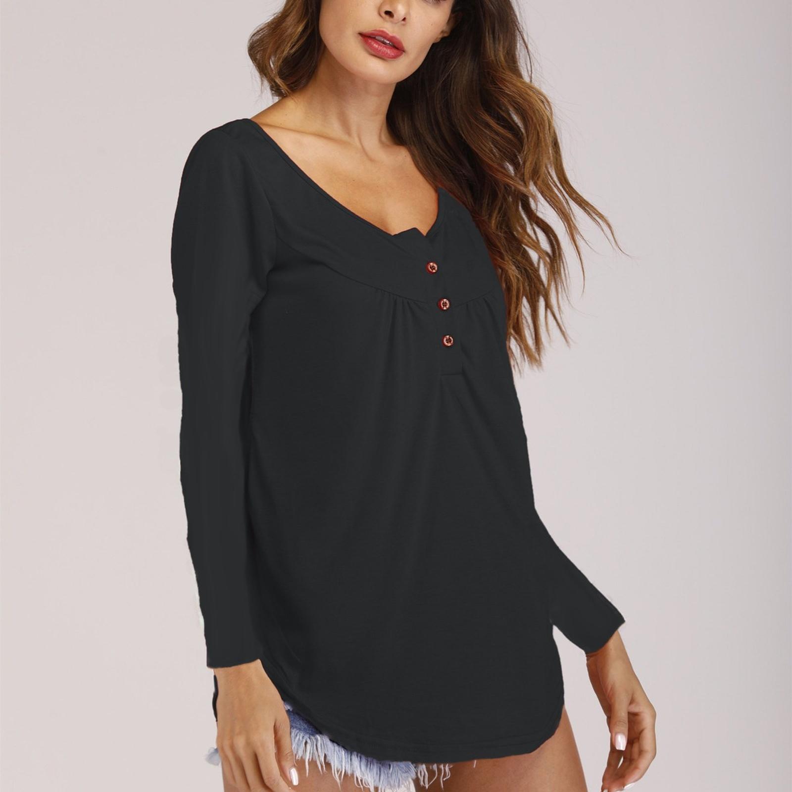

Ladies Loose Comfortable Casual Fashionable Pleated Button Solid Color T-shirt Long Sleeved Top L чорний