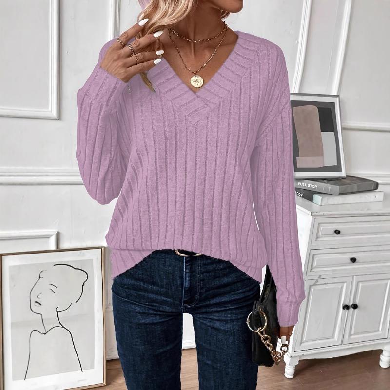 Autumn Winter Long Sleeved V-neck Knitted T-shirt Casual Solid Color Top Women's Clothing Shirt