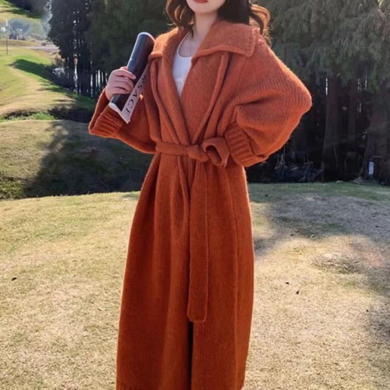 Herbst und Winter Mohair Strickmantel Mantel Damen High-End Gürtel Locker Fauler Stil Langer Pullover Cardigan