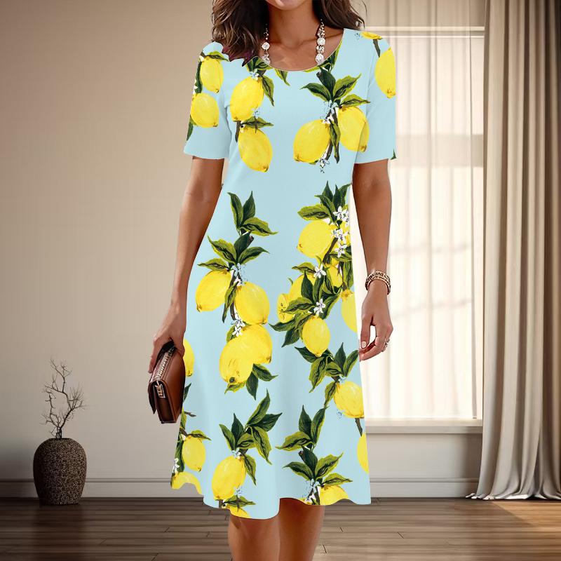 

Женская мода изящные милые граффити принт лето весна короткие рукава О-образный вырез повседневные платья XL жёлтый