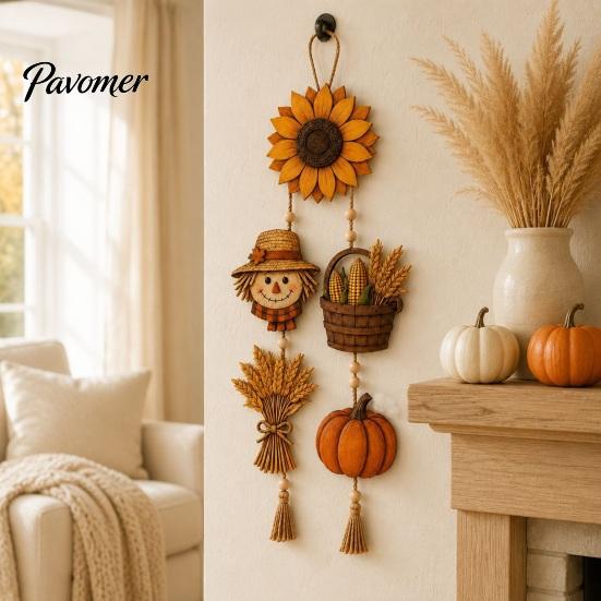 Seasonal Holiday Party Supplies Autumn Harvest Wooden Hanging Sign, Rustic Farmhouse Door Sign with Tassels and Wood Beads, Wall Decor Fall Decoration